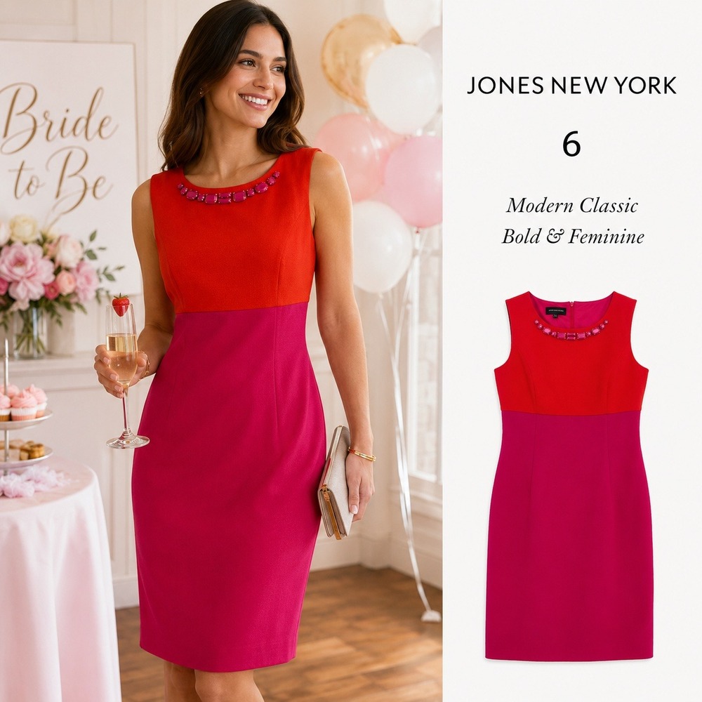 NEW Jones New York Sheath Dress Womens 6 Pink Orange Colorblock Cocktail Career